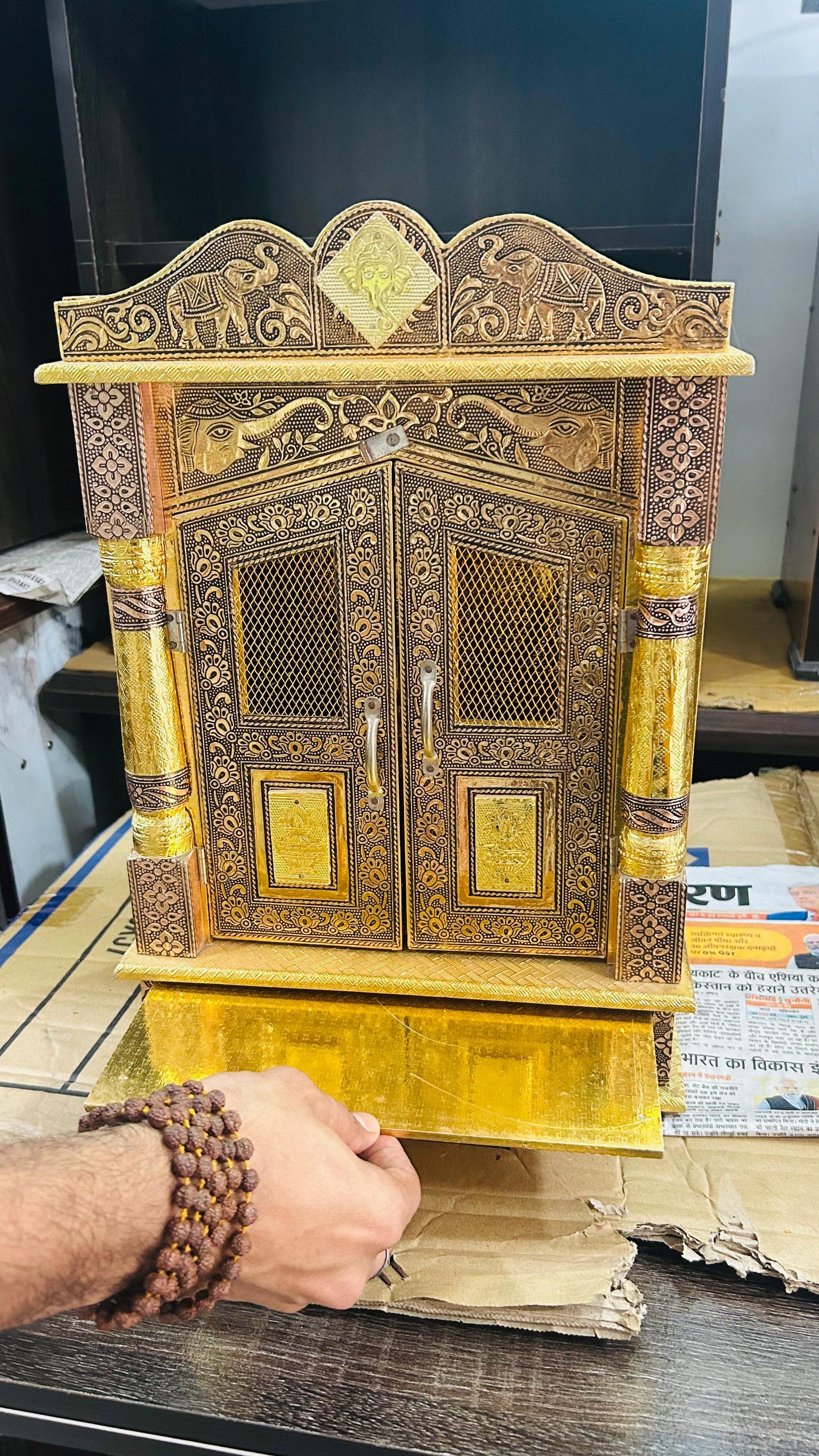 Antique Wooden Temple for Home – Traditional Brass Finish Mandir with OM Design & Doors