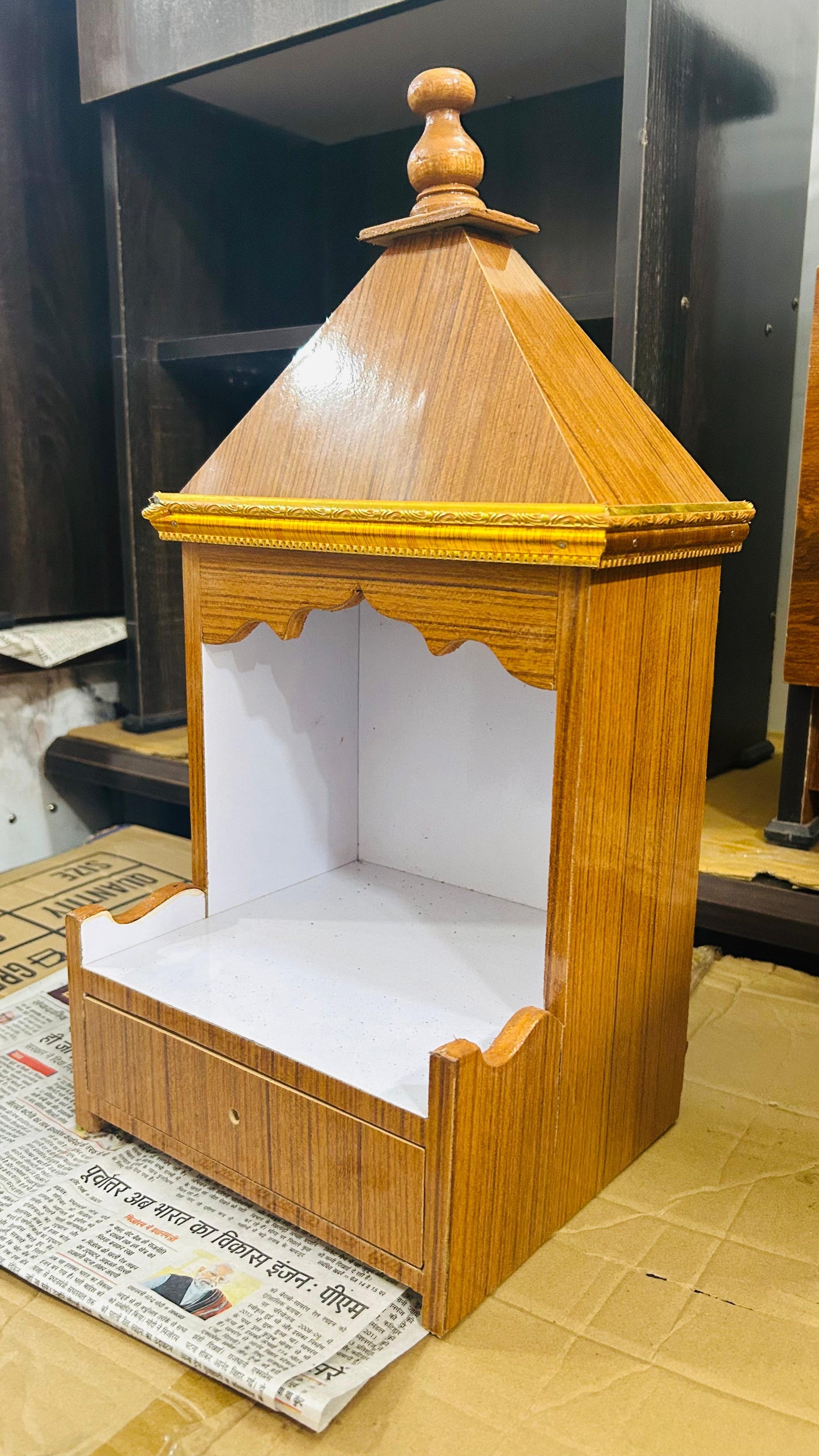 Modern Wooden Temple for Home – Elegant Pooja Mandir with Drawer & Golden Trim Design