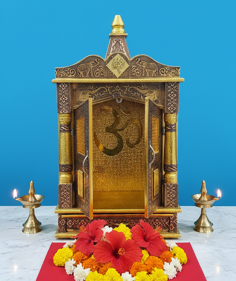Antique Wooden Temple for Home – Traditional Brass Finish Mandir with OM Design & Doors