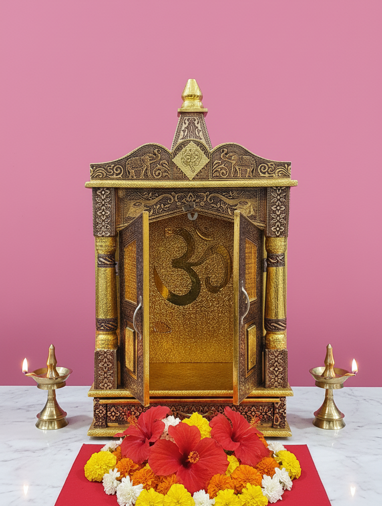 Antique Wooden Temple for Home – Traditional Brass Finish Mandir with OM Design & Doors