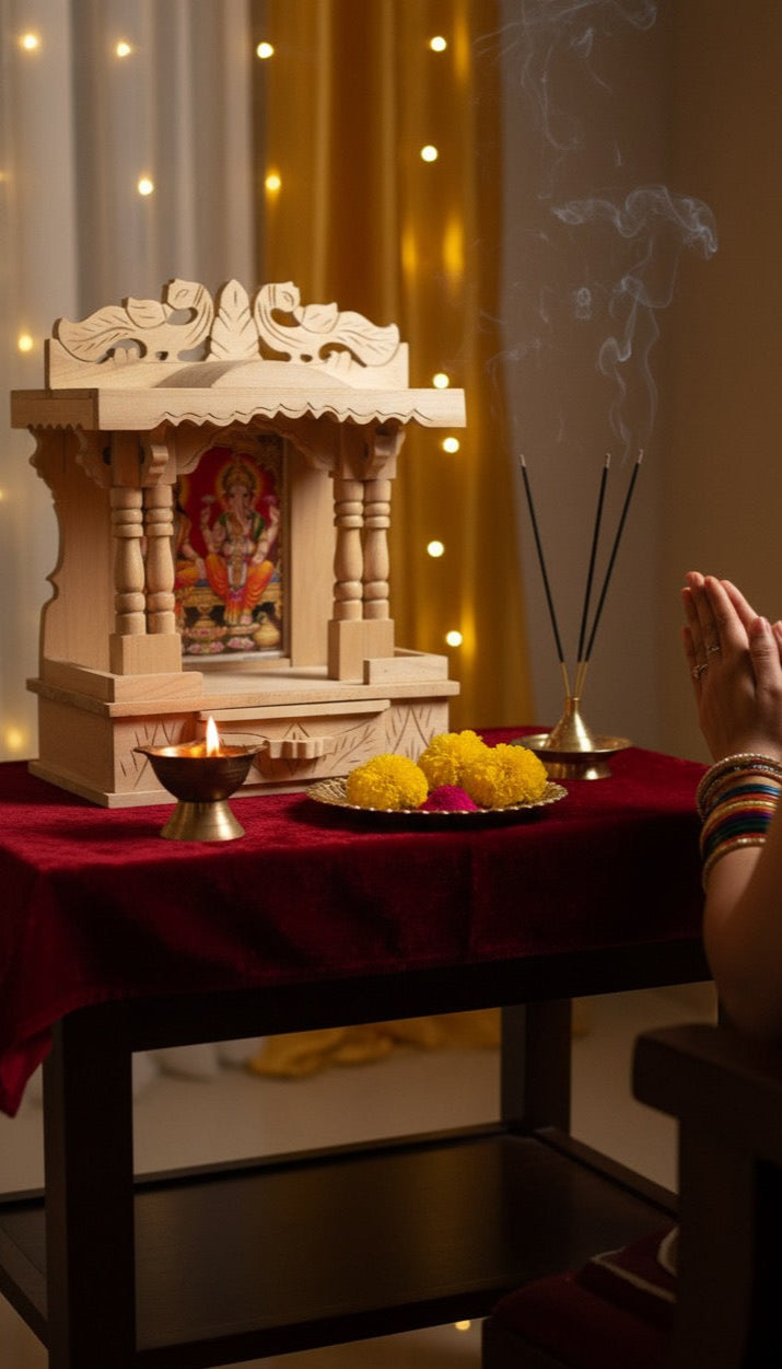 Elegant White Wooden Temple for Home Pooja – Handcrafted & Durable