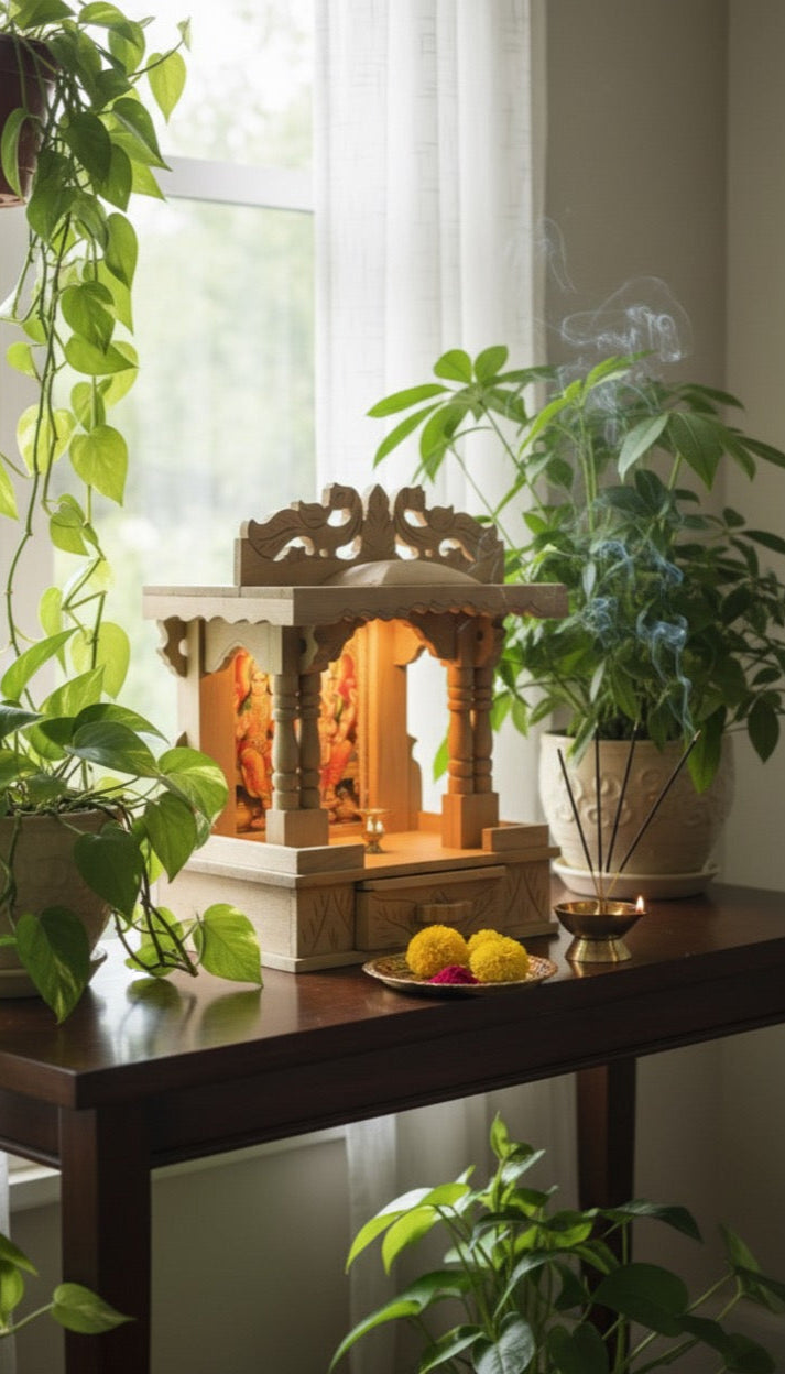 Elegant White Wooden Temple for Home Pooja – Handcrafted & Durable