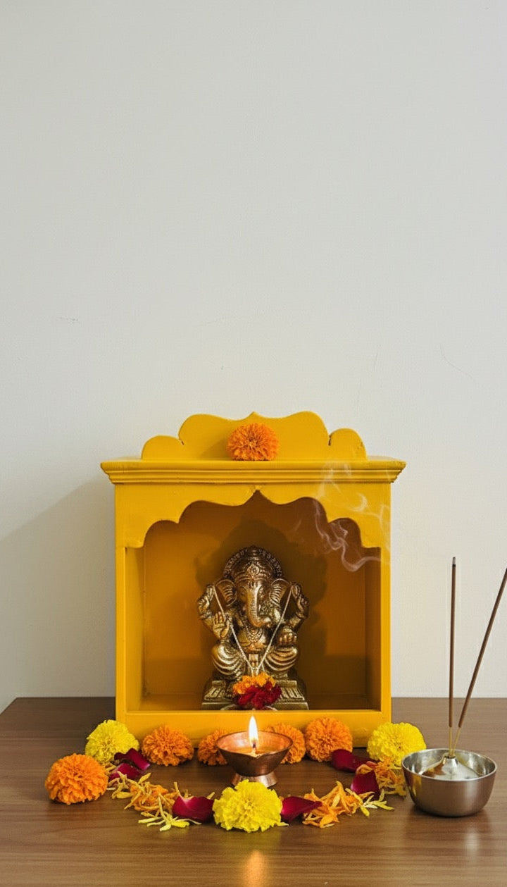 Traditional Yellow Wooden Temple for Home Mandir – Handcrafted & Auspicious Design