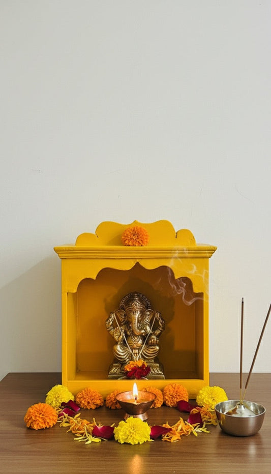 Traditional Yellow Wooden Temple for Home Mandir – Handcrafted & Auspicious Design