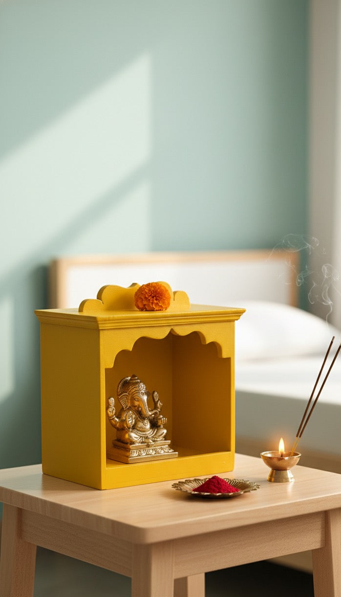 Traditional Yellow Wooden Temple for Home Mandir – Handcrafted & Auspicious Design