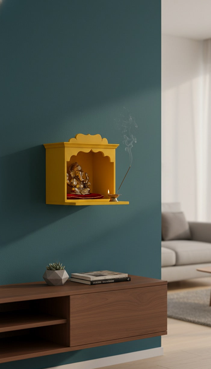 Traditional Yellow Wooden Temple for Home Mandir – Handcrafted & Auspicious Design