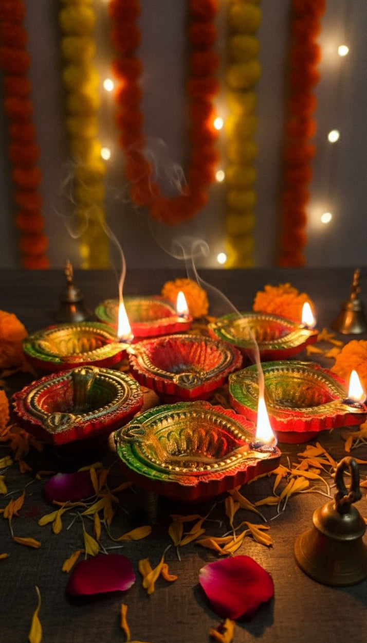 11 Piece Designer Diya Set – Decorative Brass Finish Diyas for Diwali & Pooja