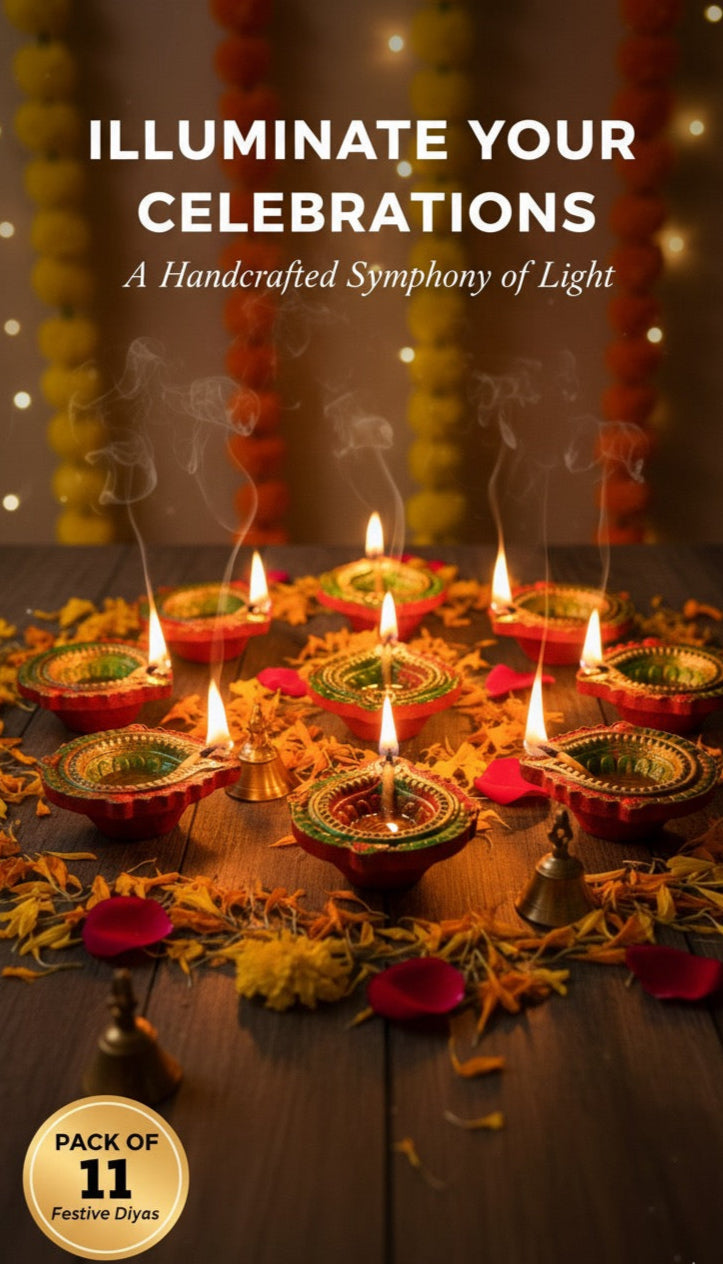 11 Piece Designer Diya Set – Decorative Brass Finish Diyas for Diwali & Pooja