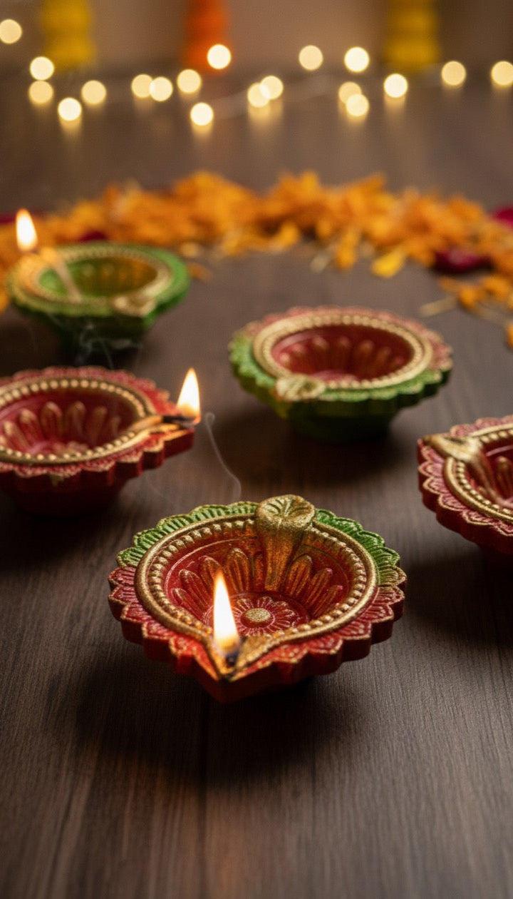 11 Piece Designer Diya Set – Decorative Brass Finish Diyas for Diwali & Pooja