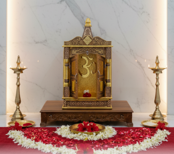 Antique Wooden Temple for Home – Traditional Brass Finish Mandir with OM Design & Doors