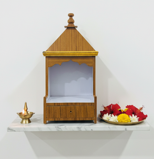 Modern Wooden Temple for Home – Elegant Pooja Mandir with Drawer & Golden Trim Design