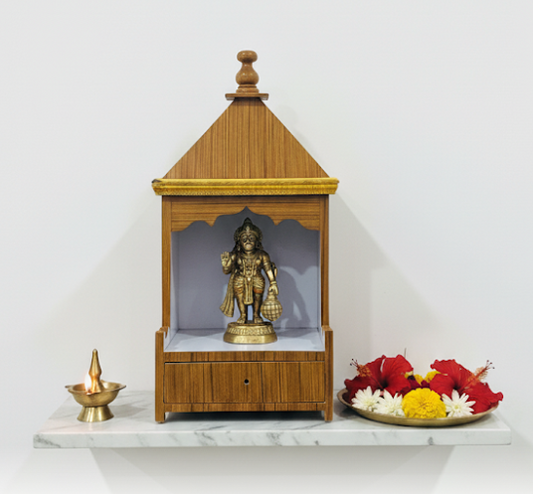 Modern Wooden Temple for Home – Elegant Pooja Mandir with Drawer & Golden Trim Design