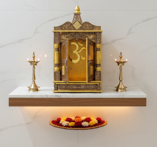 Antique Wooden Temple for Home – Traditional Brass Finish Mandir with OM Design & Doors