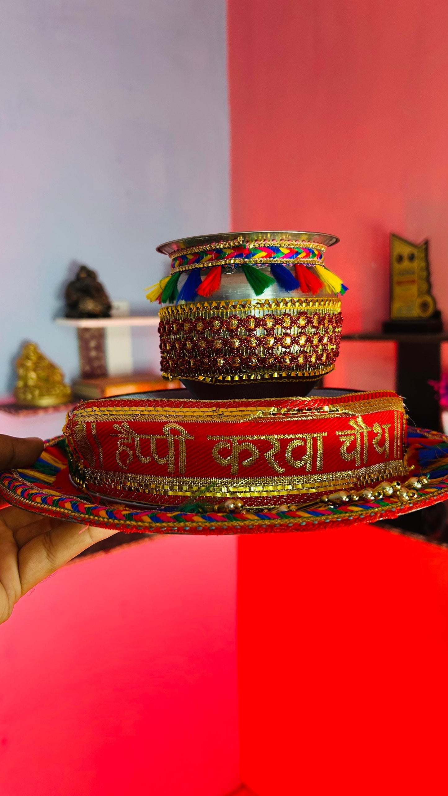 Karwa Chauth Pooja Decorated Thali Set – Complete Traditional Set with Thali, Lota & Chhanni for Eternal Love & Blessings