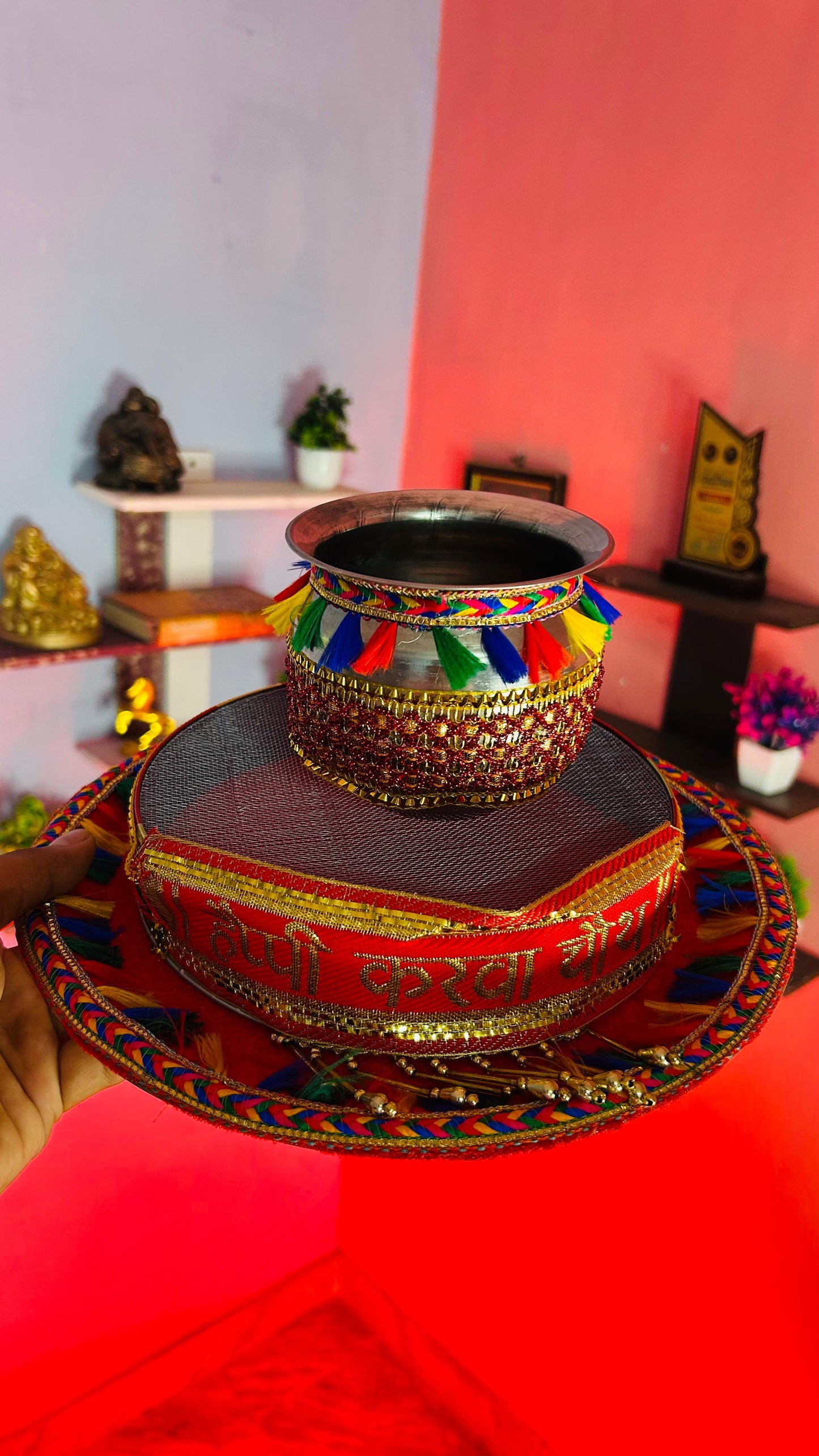 Karwa Chauth Pooja Decorated Thali Set – Complete Traditional Set with Thali, Lota & Chhanni for Eternal Love & Blessings