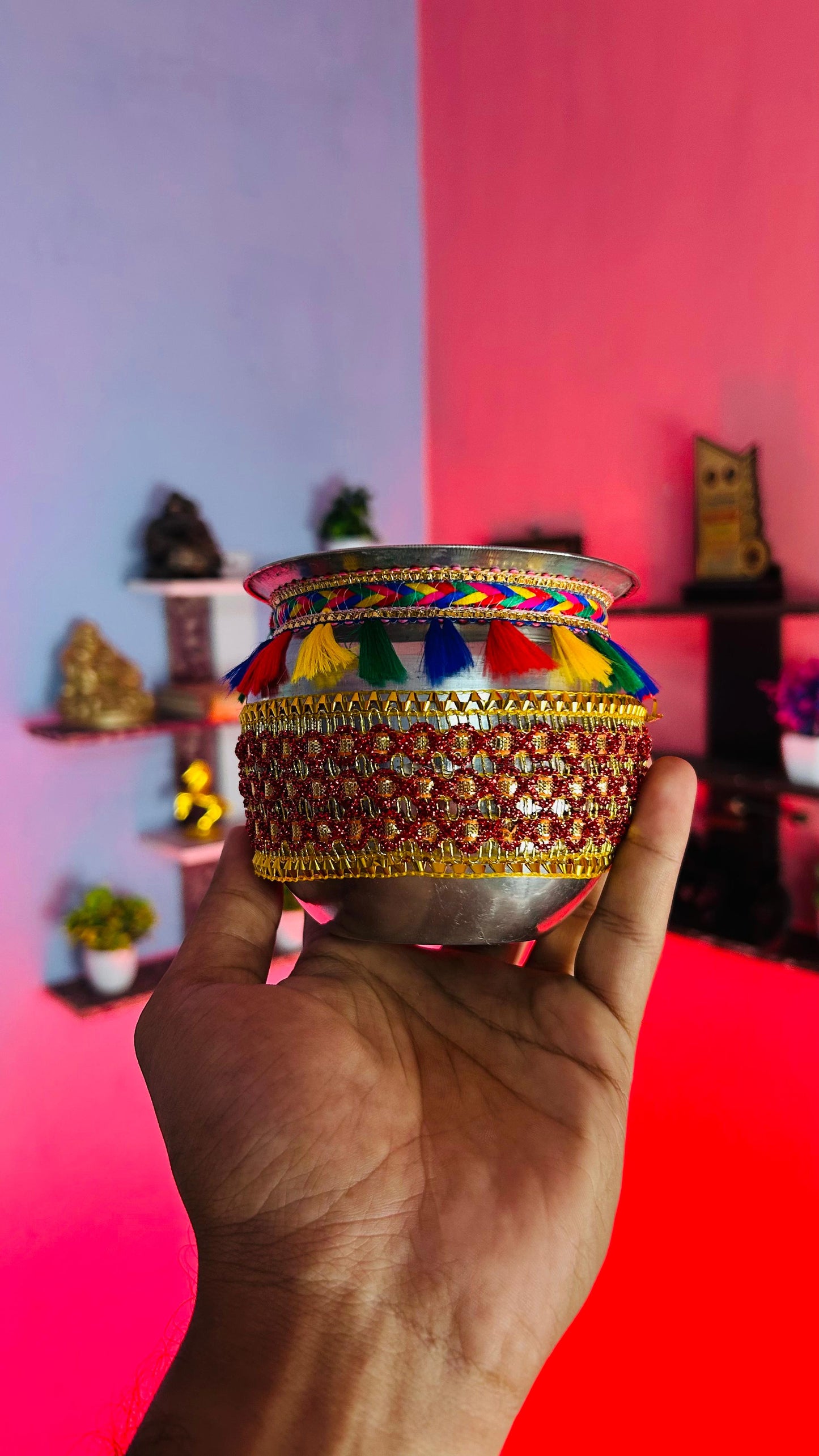 Karwa Chauth Pooja Decorated Thali Set – Complete Traditional Set with Thali, Lota & Chhanni for Eternal Love & Blessings