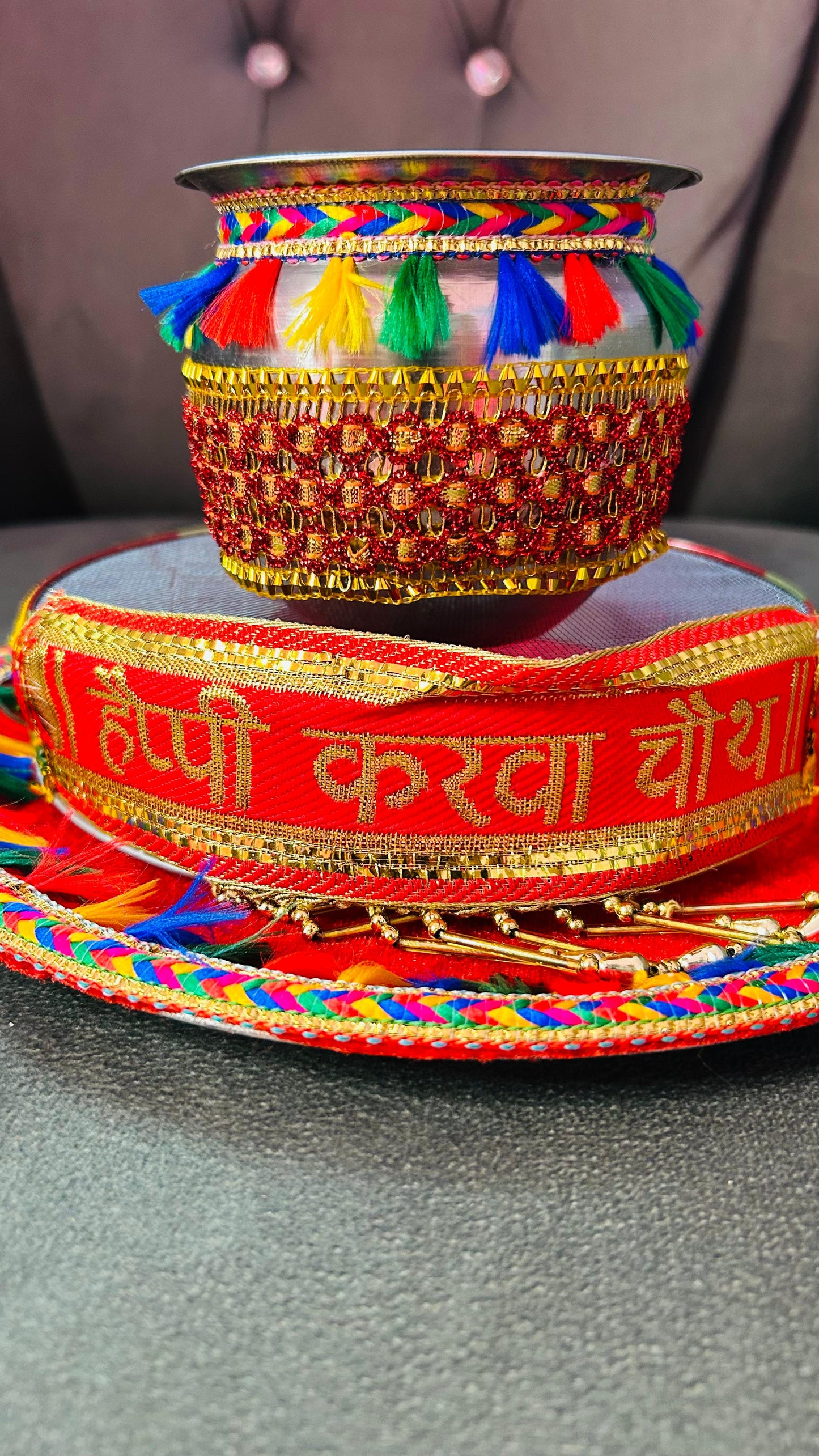 Karwa Chauth Pooja Decorated Thali Set – Complete Traditional Set with Thali, Lota & Chhanni for Eternal Love & Blessings