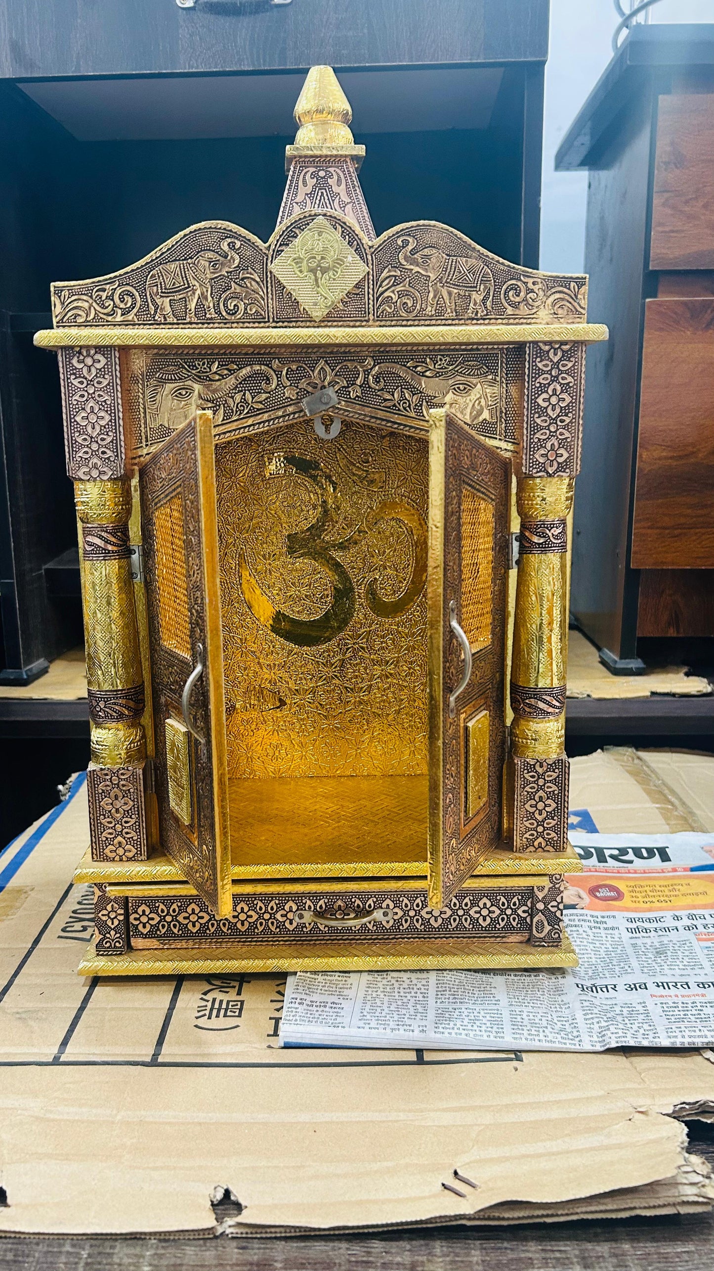 Antique Wooden Temple for Home – Traditional Brass Finish Mandir with OM Design & Doors