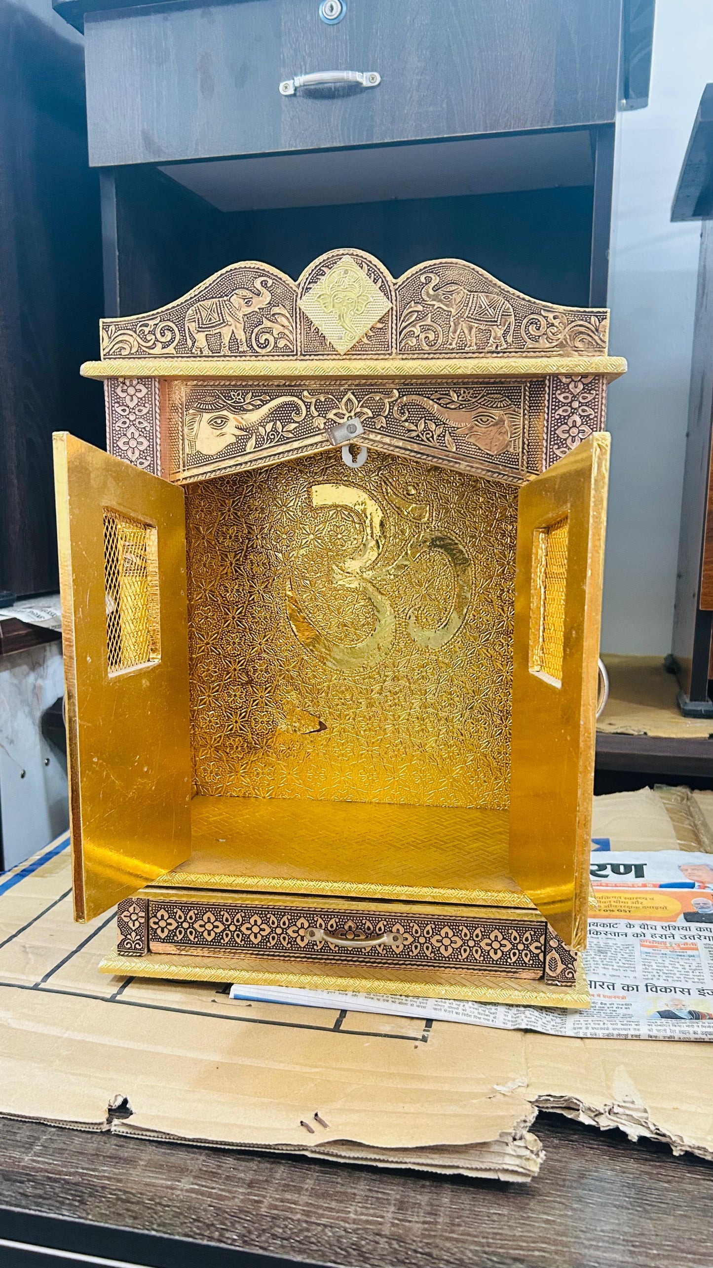 Antique Wooden Temple for Home – Traditional Brass Finish Mandir with OM Design & Doors
