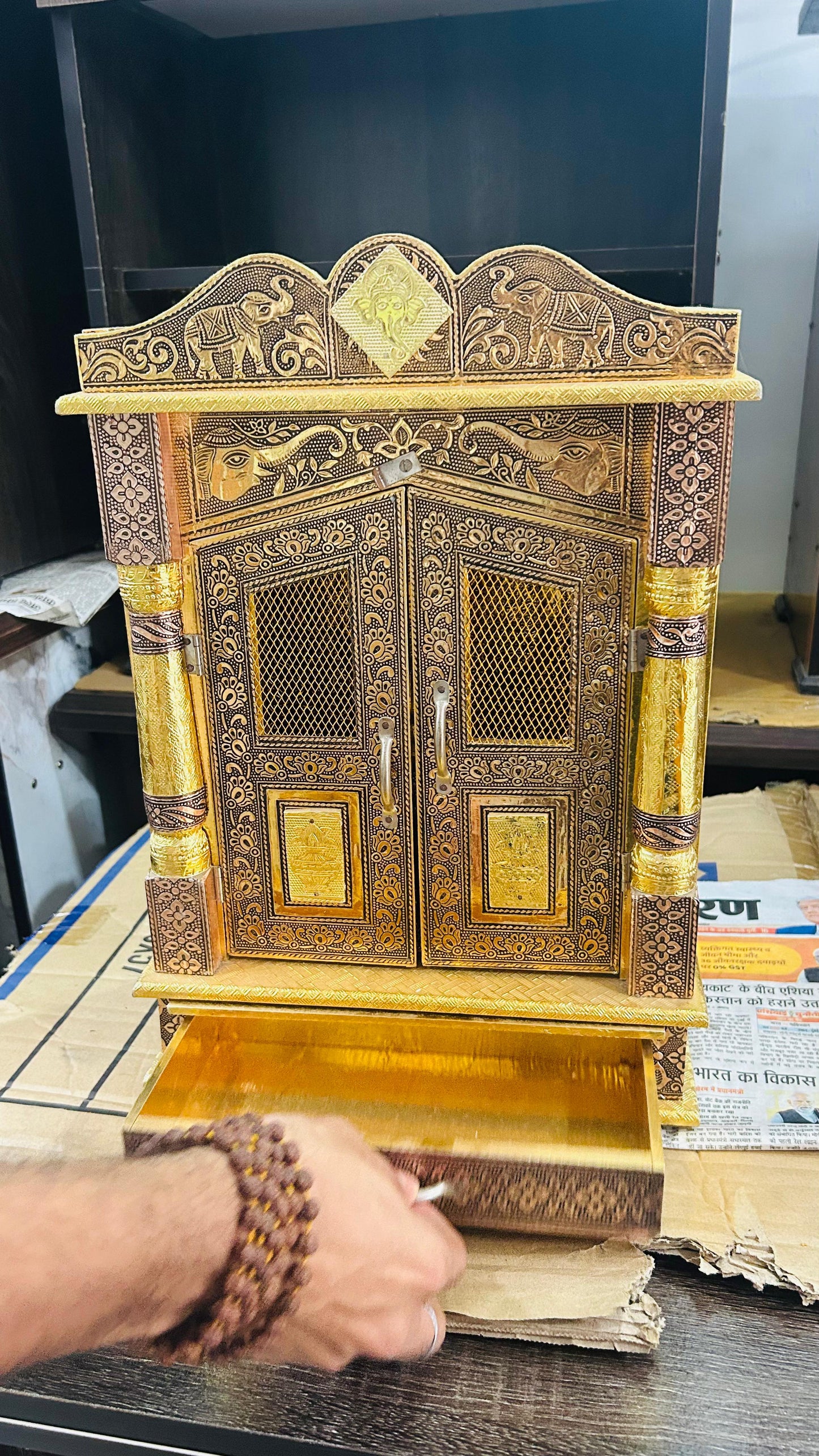 Antique Wooden Temple for Home – Traditional Brass Finish Mandir with OM Design & Doors