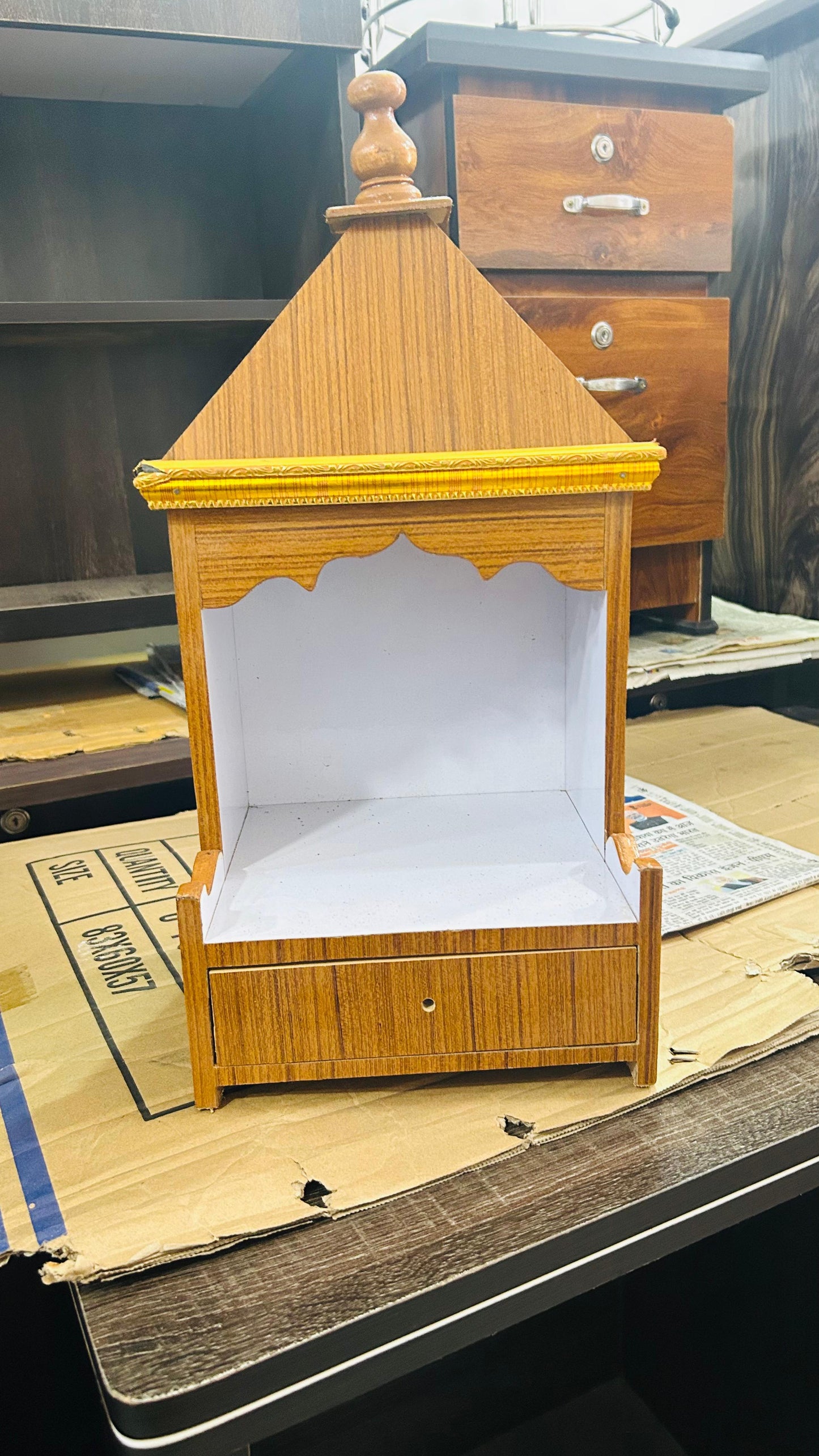 Modern Wooden Temple for Home – Elegant Pooja Mandir with Drawer & Golden Trim Design