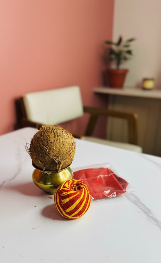 Combo of Sacred Nariyal Kalash with Lal Kapda & Mauli – Auspicious Puja Kalash for All Rituals