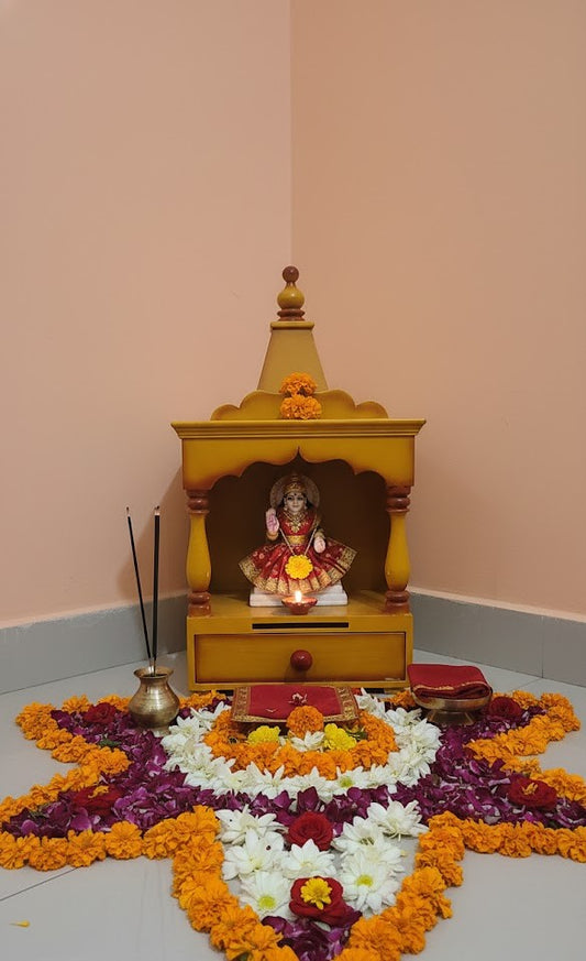 Beautiful Yellow Colour Wooden Temple for Home & Office – Handcrafted Mandir for Daily Puja