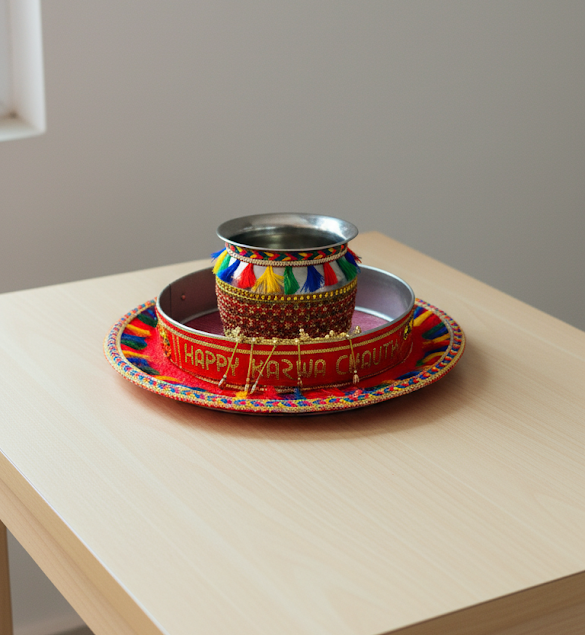 Karwa Chauth Pooja Decorated Thali Set – Complete Traditional Set with Thali, Lota & Chhanni for Eternal Love & Blessings