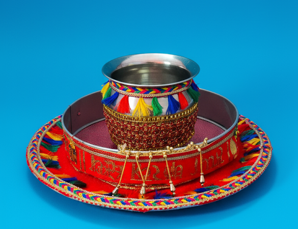 Karwa Chauth Pooja Decorated Thali Set – Complete Traditional Set with Thali, Lota & Chhanni for Eternal Love & Blessings