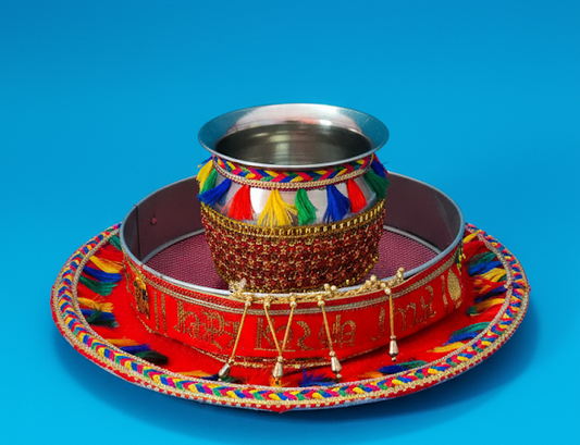 Karwa Chauth Pooja Decorated Thali Set – Complete Traditional Set with Thali, Lota & Chhanni for Eternal Love & Blessings