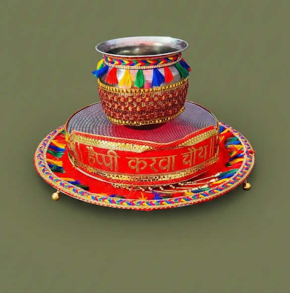 Karwa Chauth Pooja Decorated Thali Set – Complete Traditional Set with Thali, Lota & Chhanni for Eternal Love & Blessings