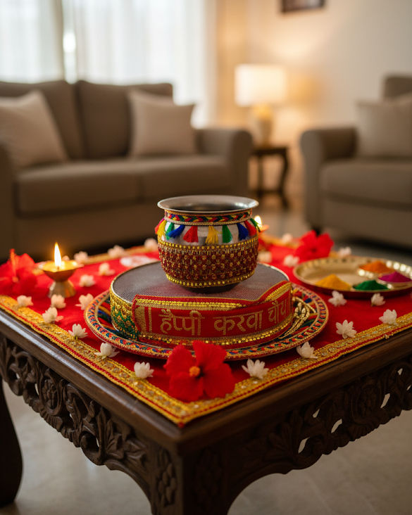 Karwa Chauth Pooja Decorated Thali Set – Complete Traditional Set with Thali, Lota & Chhanni for Eternal Love & Blessings