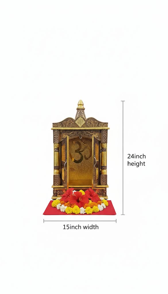 Antique Wooden Temple for Home – Traditional Brass Finish Mandir with OM Design & Doors