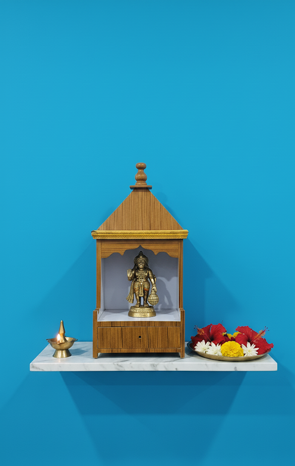 Modern Wooden Temple for Home – Elegant Pooja Mandir with Drawer & Golden Trim Design